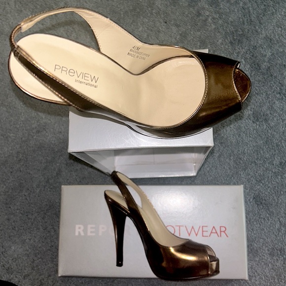 Patent bronze 3inch sling back open toe platform stiletto style heels. - Picture 2 of 3